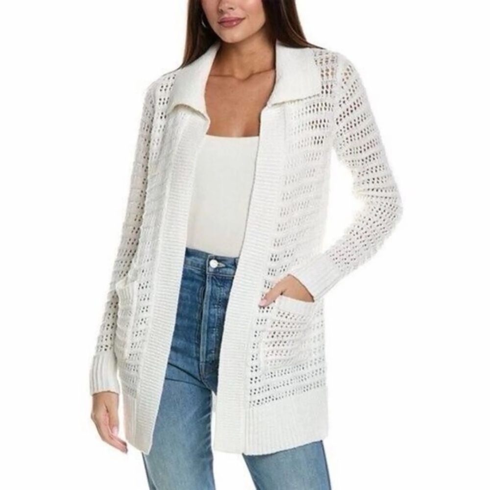 Cabi Open Stitch S Cardigan Sweater White #6237 Beachy Vacay Resort Pockets
